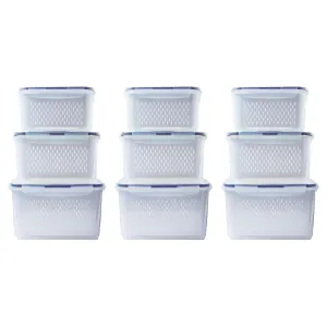 Kuber Industries 9 Pcs Food Containers | Storage Box for Fridge | Vegetable Fruit Boxes | Refrigerator Storage Box | Containers With Airtight Lid | Strainer Basket | HXP00284 | Transparent |Pack of 3